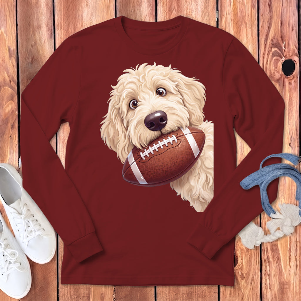 Maroon long-sleeve shirt with fluffy dog holding a football graphic.