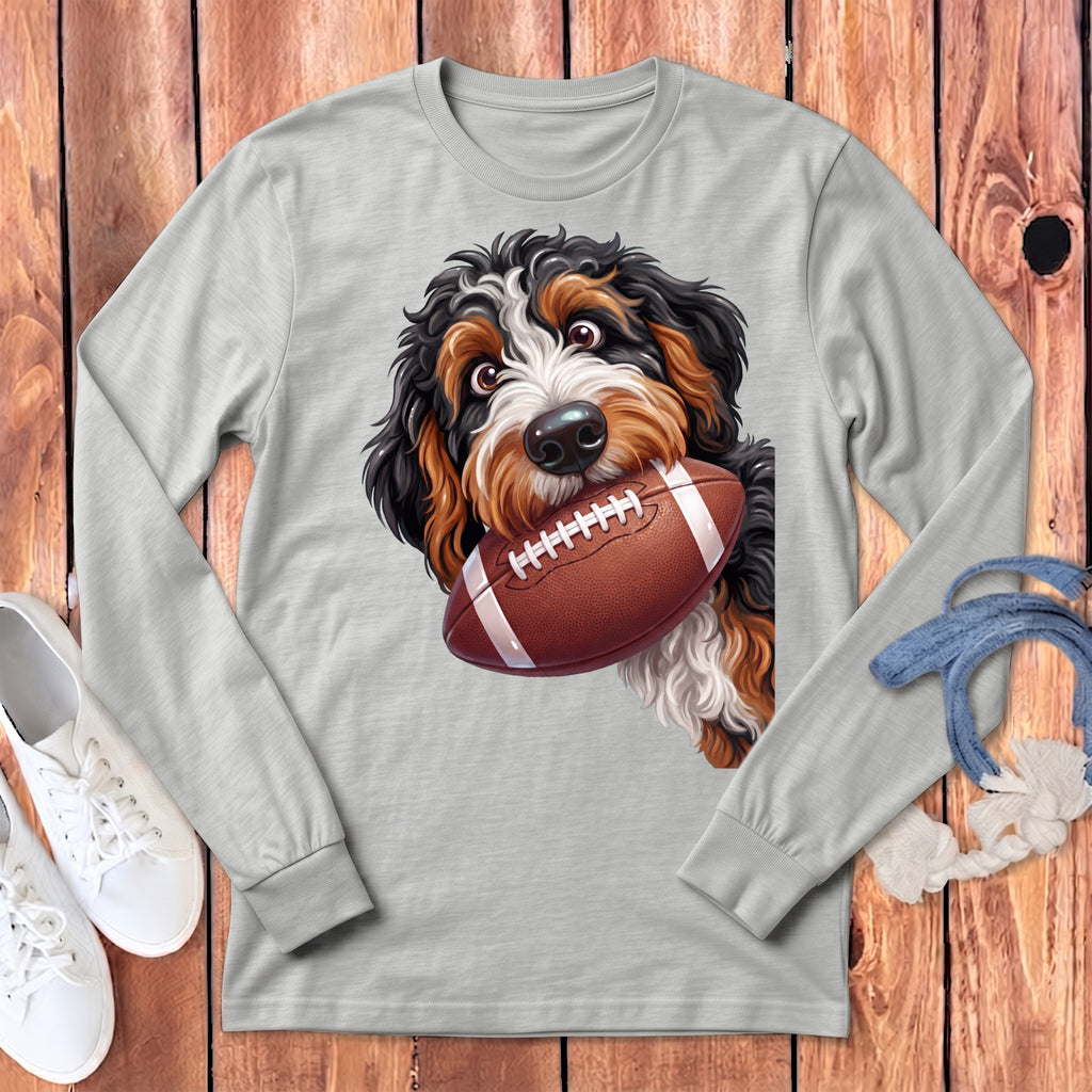 Bernese Mountain Dog puppy holding a football in its mouth.