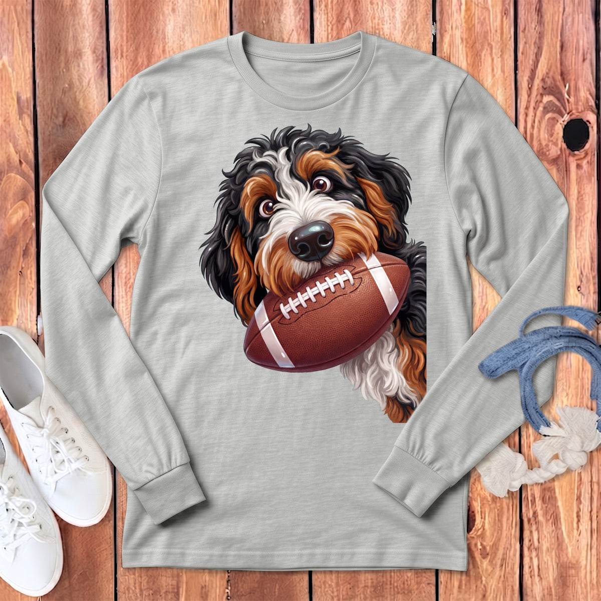Bernese Mountain Dog puppy holding a football in its mouth.