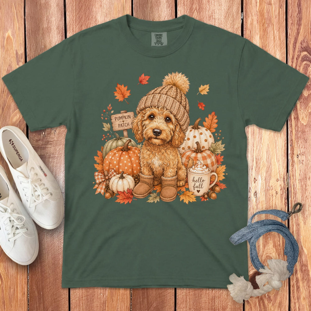 Apricot Goldendoodle Pumpkin Patch Signature T-Shirt in Blue Spruce / S by Puppy Jo