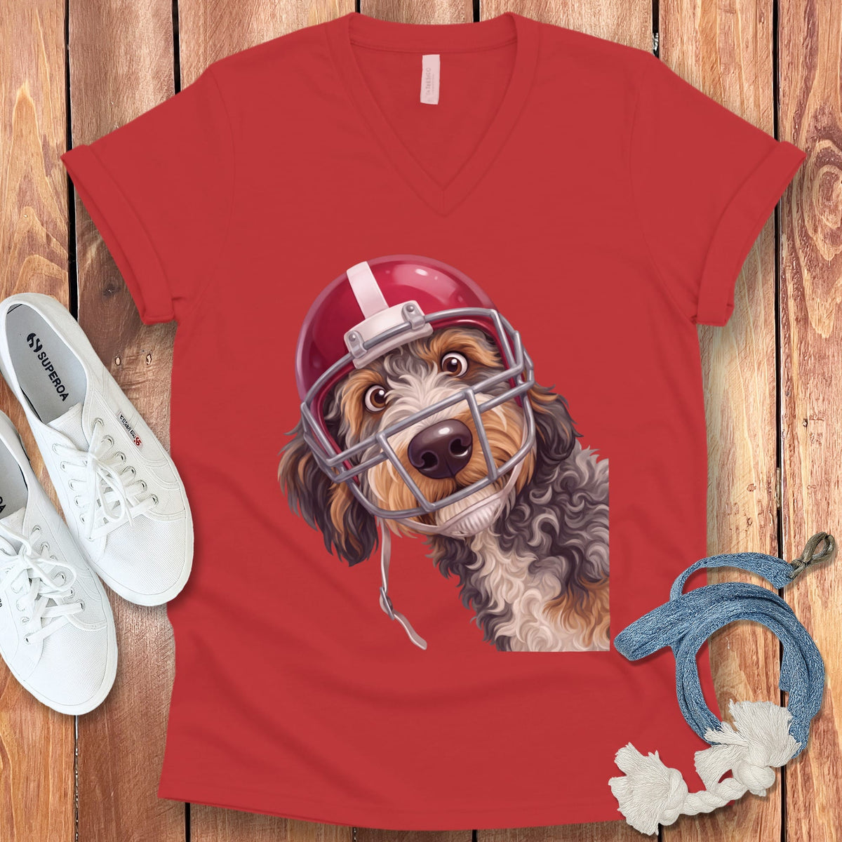 Aussiedoodle Football Helmet V-Neck T-Shirt in Red / S by Puppy Jo