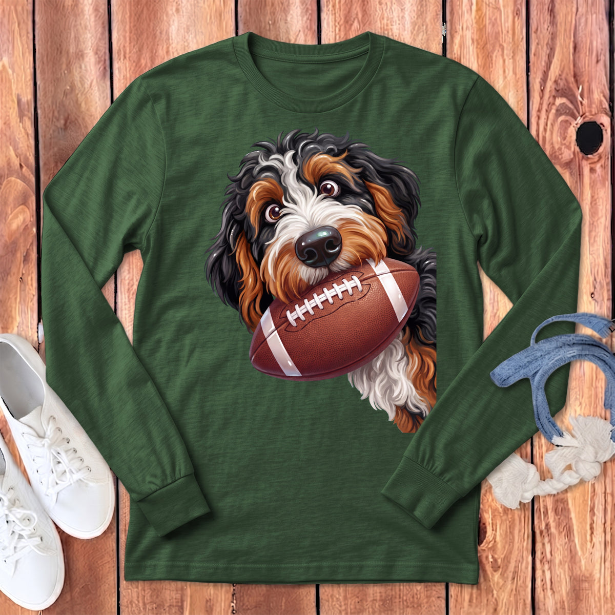 Bernese Mountain Dog holding a brown football in its mouth on a green long-sleeve shirt.