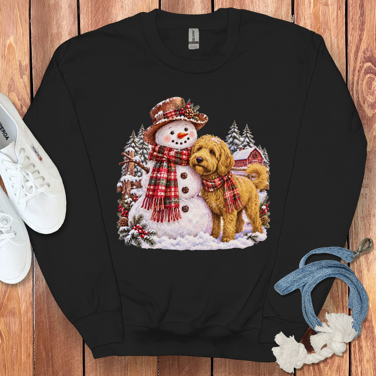 Golden Goldendoodle Christmas Snowman Sweatshirt in Black / S by Puppy Jo