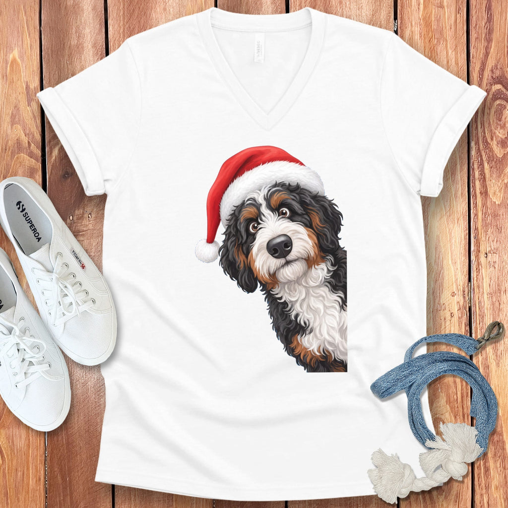 Bernedoodle Holiday Santa V-Neck T-Shirt in White / S by Puppy Jo