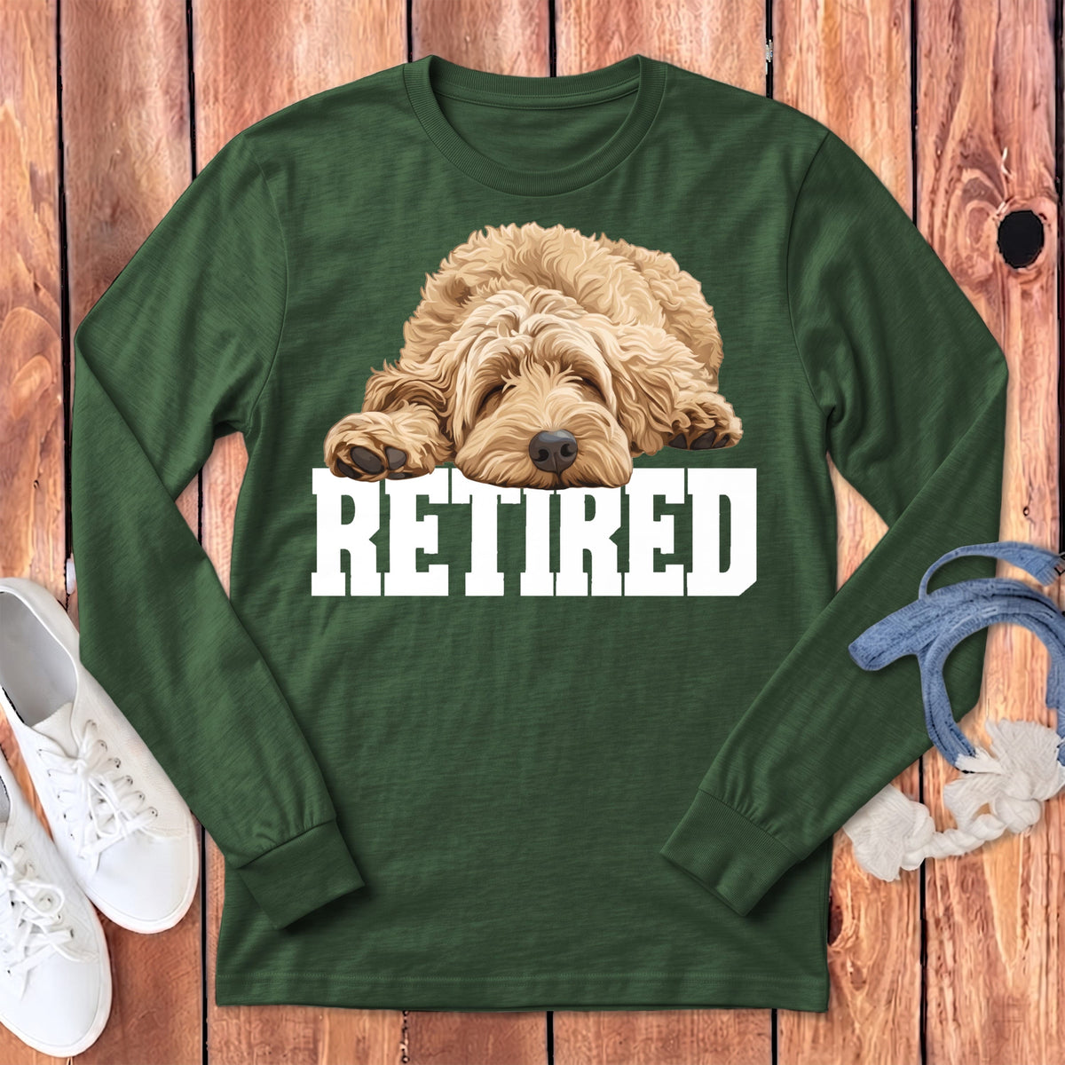 Retired Sleeping Golden Goldendoodle Long Sleeve T-Shirt in Heather Forest / S by Puppy Jo