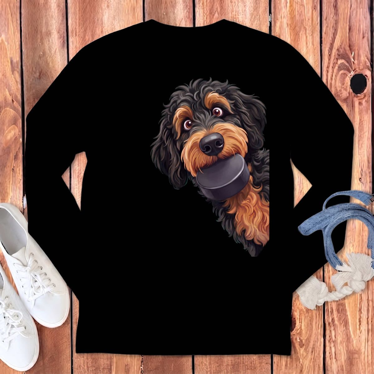 Phantom Goldendoodle Hockey Puck Long Sleeve T-Shirt in Black / S by Puppy Jo