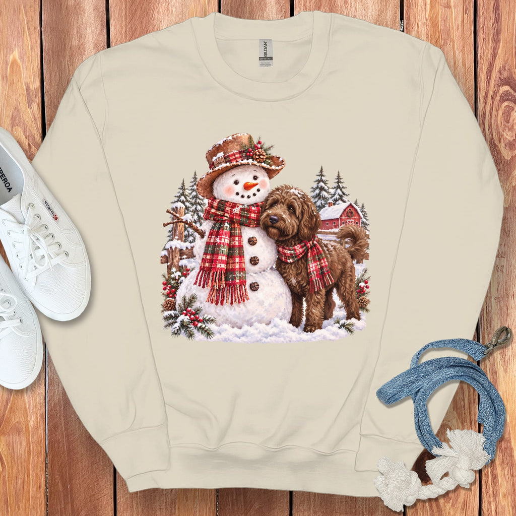 Chocolate Goldendoodle Christmas Snowman Sweatshirt in Sand / S by Puppy Jo