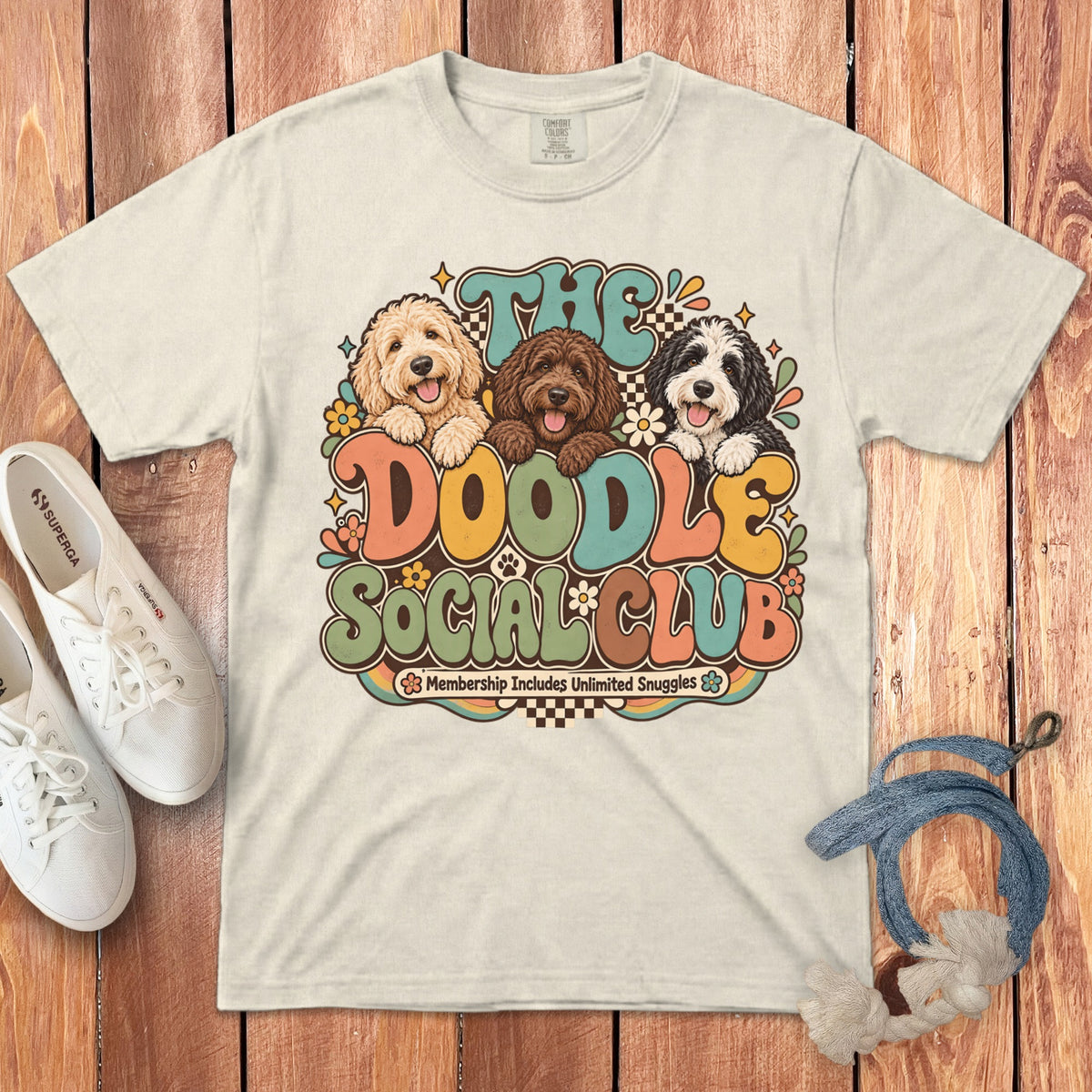 Cream t-shirt with "The Doodle Social Club" and three doodle dogs.