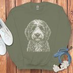 Adorable Fluffy Dog Illustration on Green Sweater