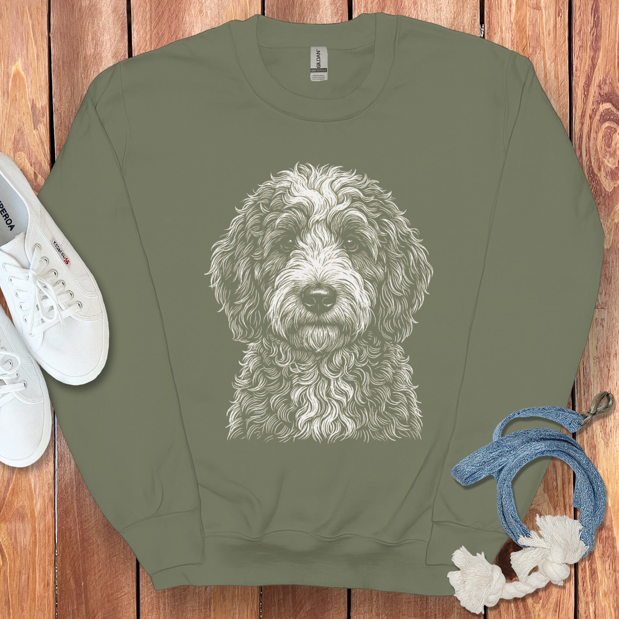 Adorable Fluffy Dog Illustration on Green Sweater