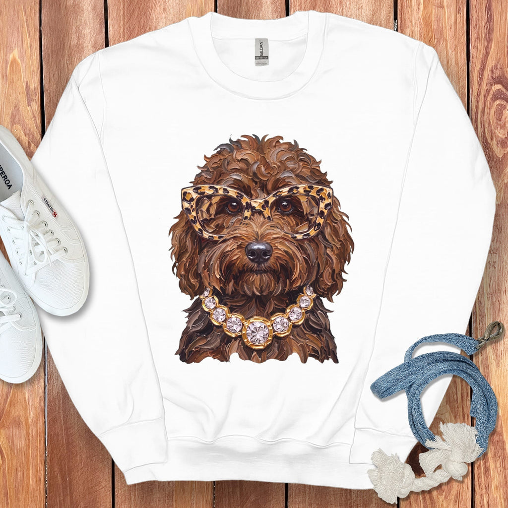 Chocolate Goldendoodle Glam Sweatshirt in White / S by Puppy Jo