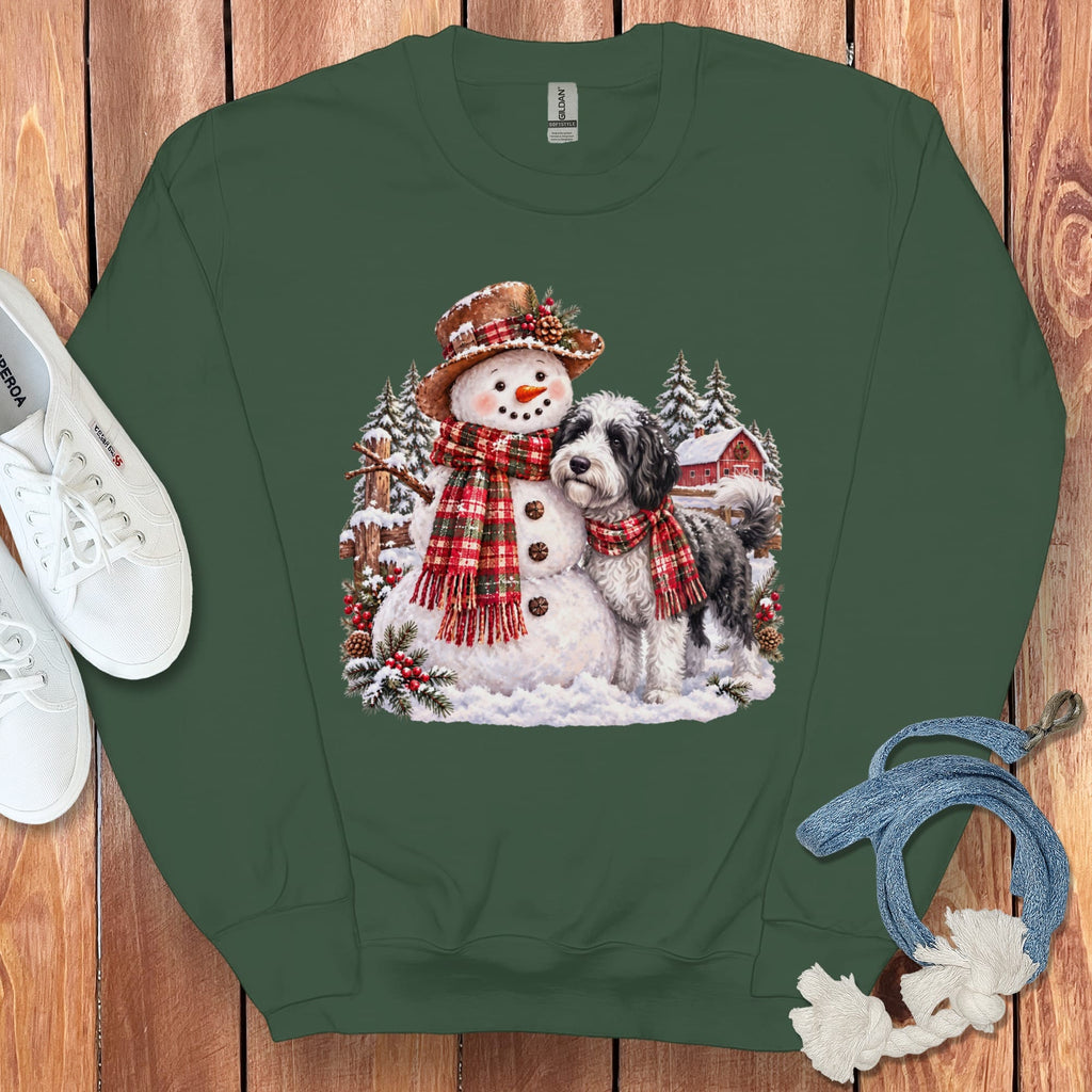 Sheepadoodle Christmas Snowman Sweatshirt in Forest Green / S by Puppy Jo