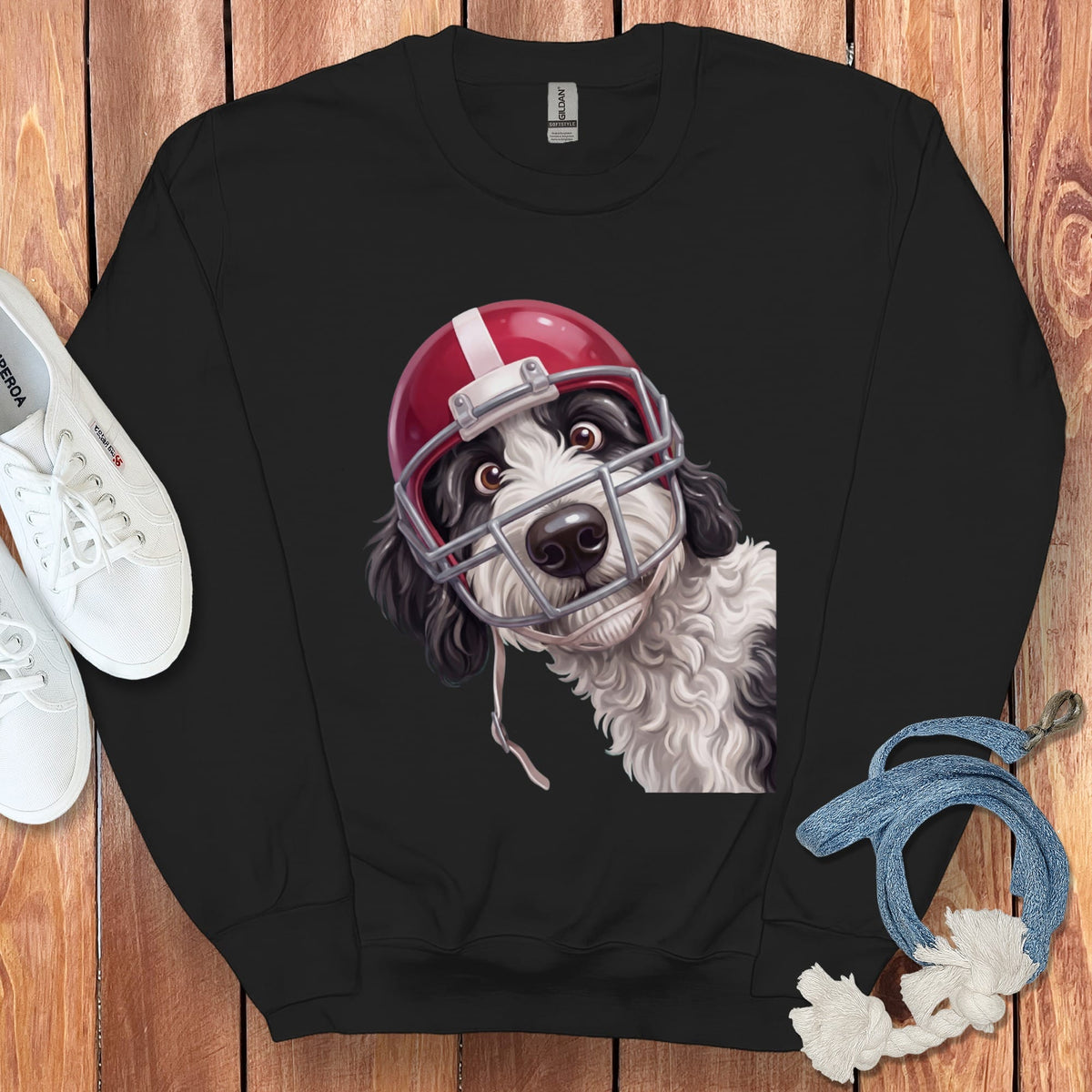 Sheepadoodle Football Helmet Sweatshirt in Black / S by Puppy Jo