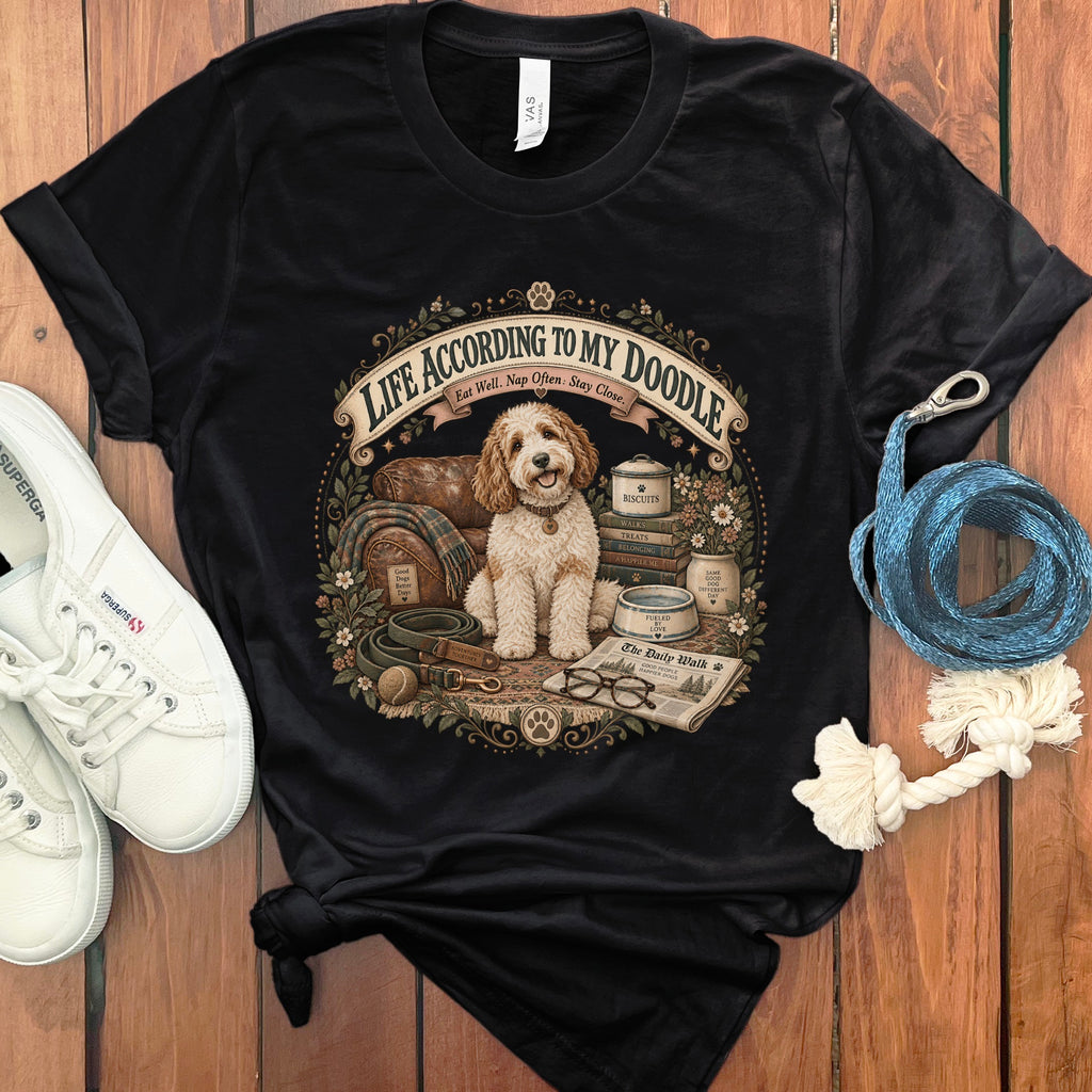Black t-shirt with "Life According to My Doodle" text and a sitting doodle dog.