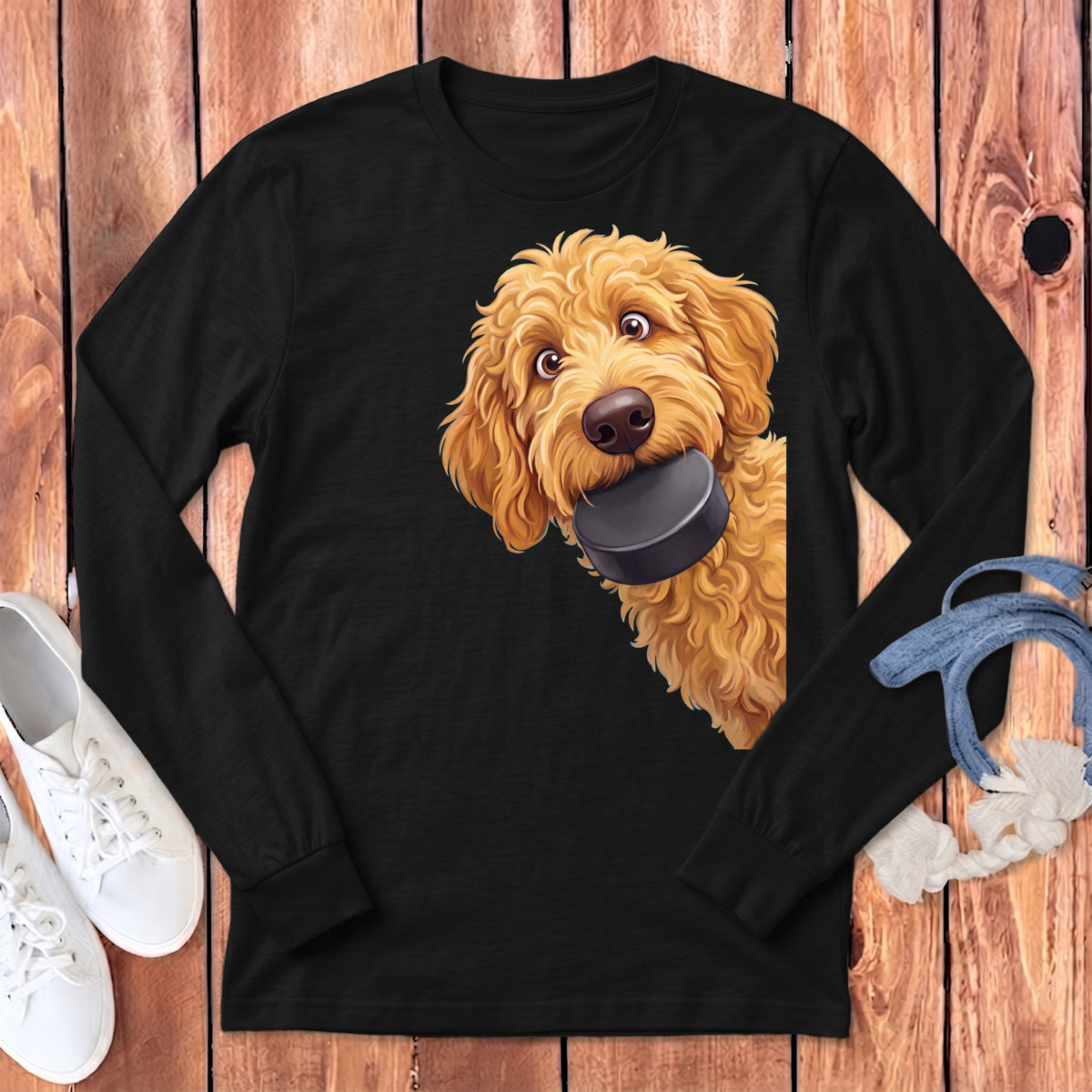 Golden Goldendoodle Hockey Puck Long Sleeve T-Shirt in Dark Grey Heather / S by Puppy Jo