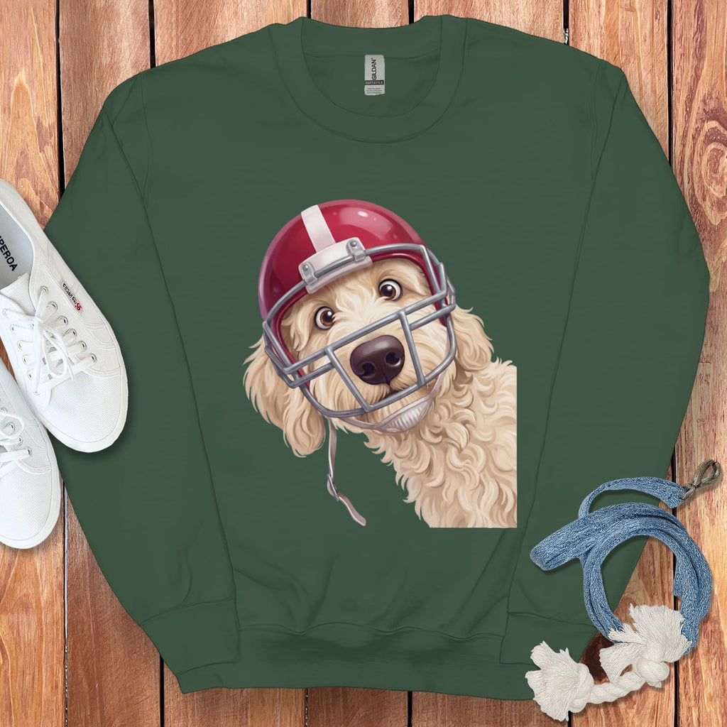 Cream Goldendoodle Football Helmet Sweatshirt in Forest Green / S by Puppy Jo