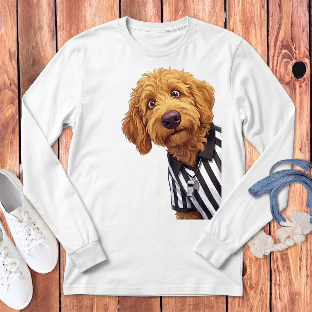 White long-sleeve shirt with cartoon golden doodle referee on it.