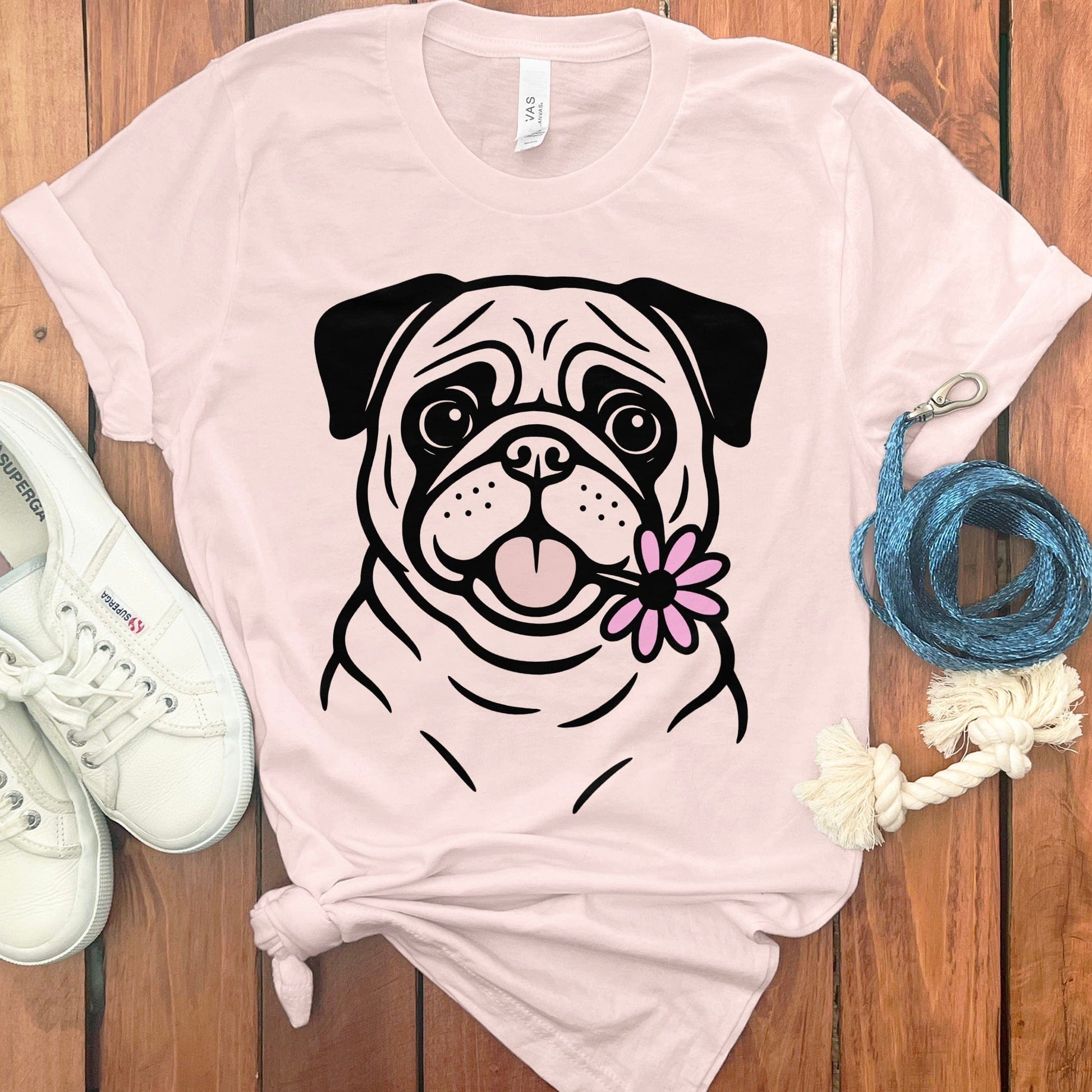 Cute Pug T-Shirt with Flower Design Clothing product type