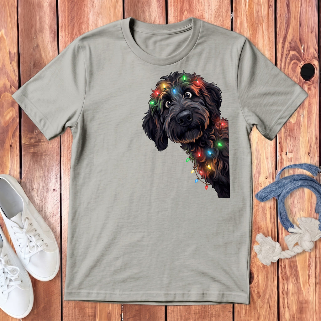 Grey t-shirt with a black dog wearing colorful Christmas lights on its head.