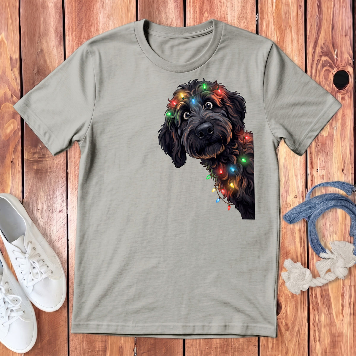 Grey t-shirt with a black dog wearing colorful Christmas lights on its head.
