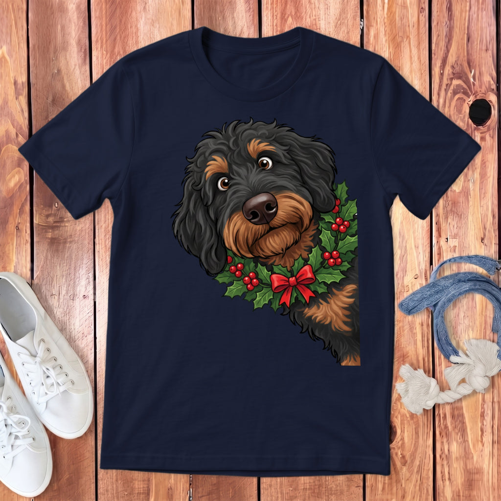 Dark navy t-shirt with a doodle dog wearing a Christmas holly collar and red bow.