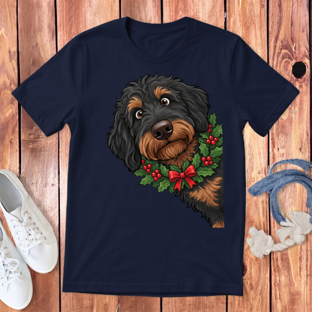 Dark navy t-shirt with a doodle dog wearing a Christmas holly collar and red bow.