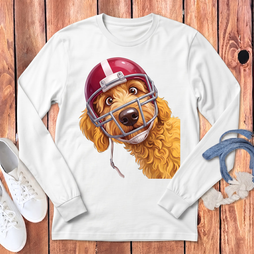 White long-sleeve shirt featuring a cartoon goldendoodle wearing a red football helmet.