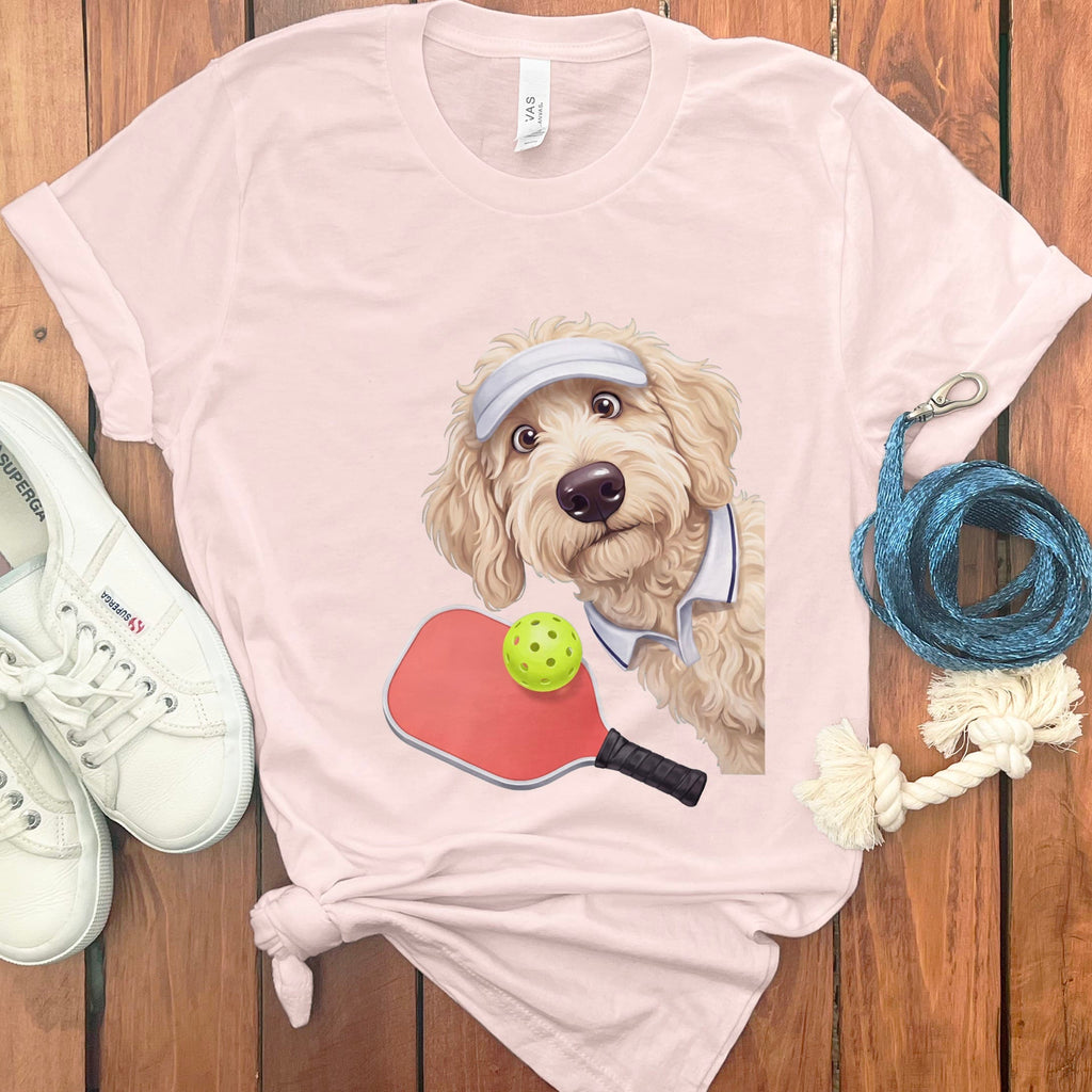 Cream Goldendoodle Pickleball Player T-Shirt in Soft Pink / S by Puppy Jo