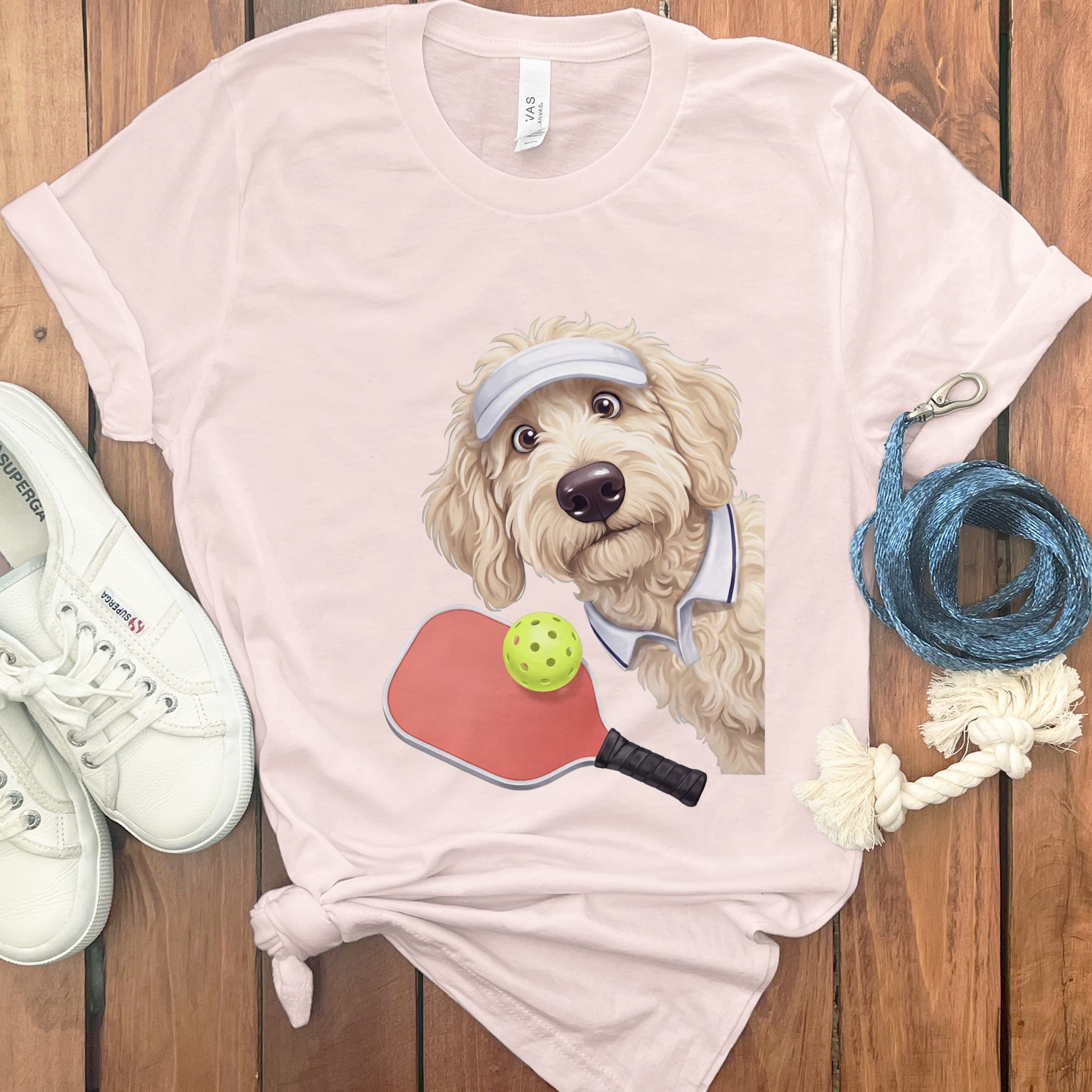 Cream Goldendoodle Pickleball Player T-Shirt in Soft Pink / S by Puppy Jo