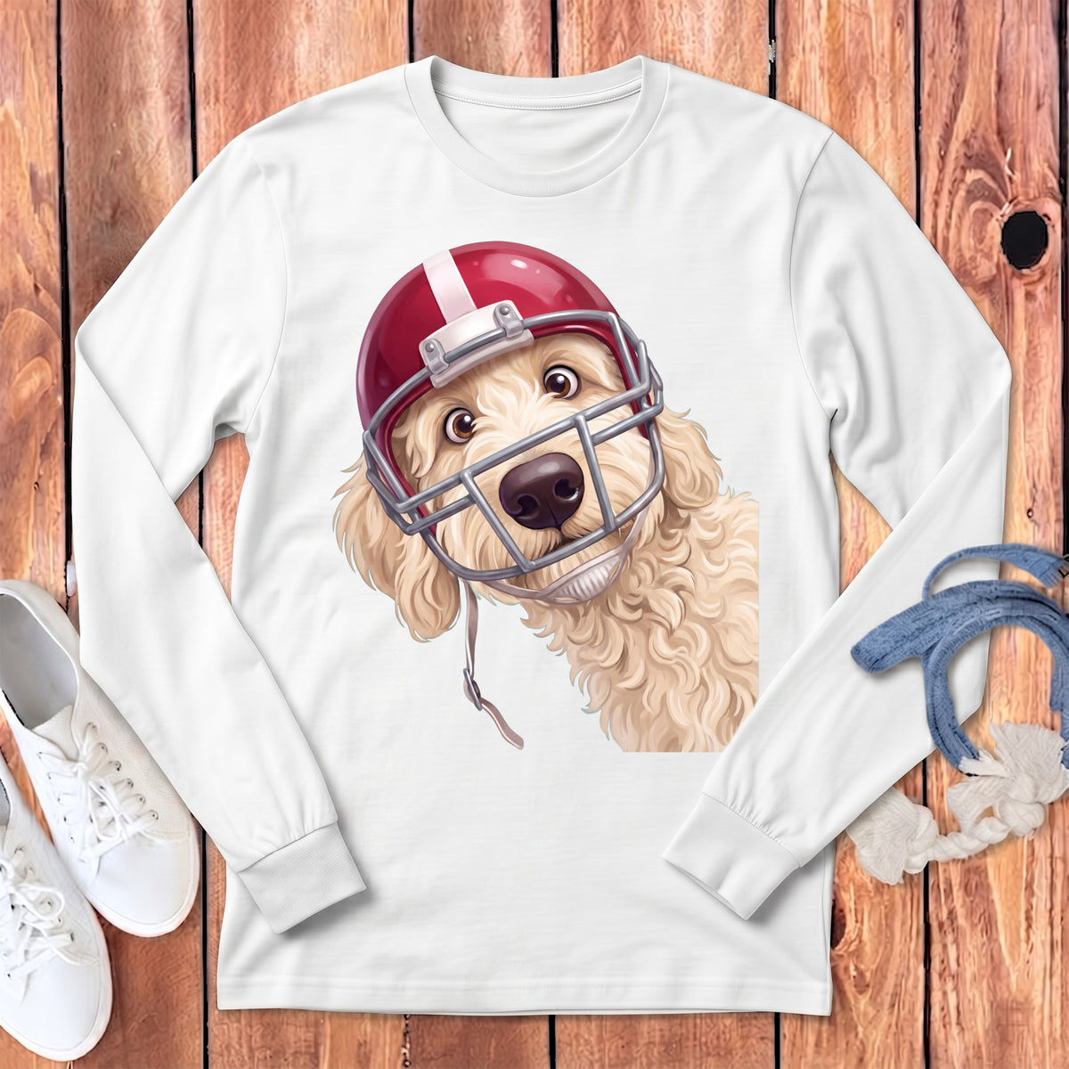 Light-colored dog wearing a red football helmet with a face mask.
