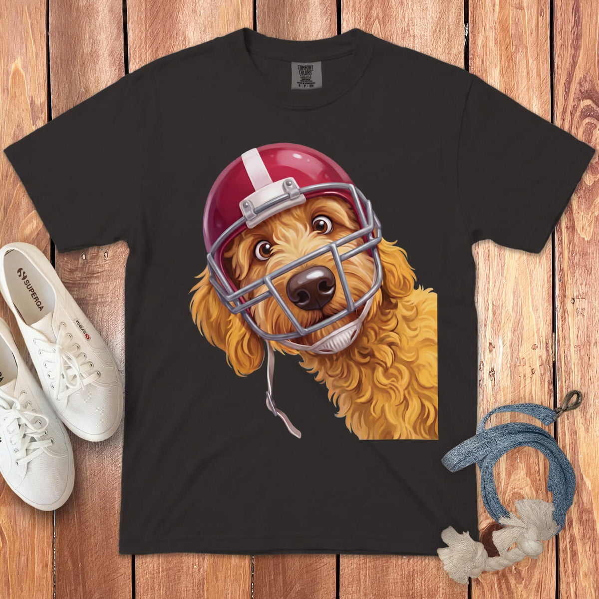 Golden Goldendoodle Football Helmet Signature T-Shirt in Graphite / S by Puppy Jo
