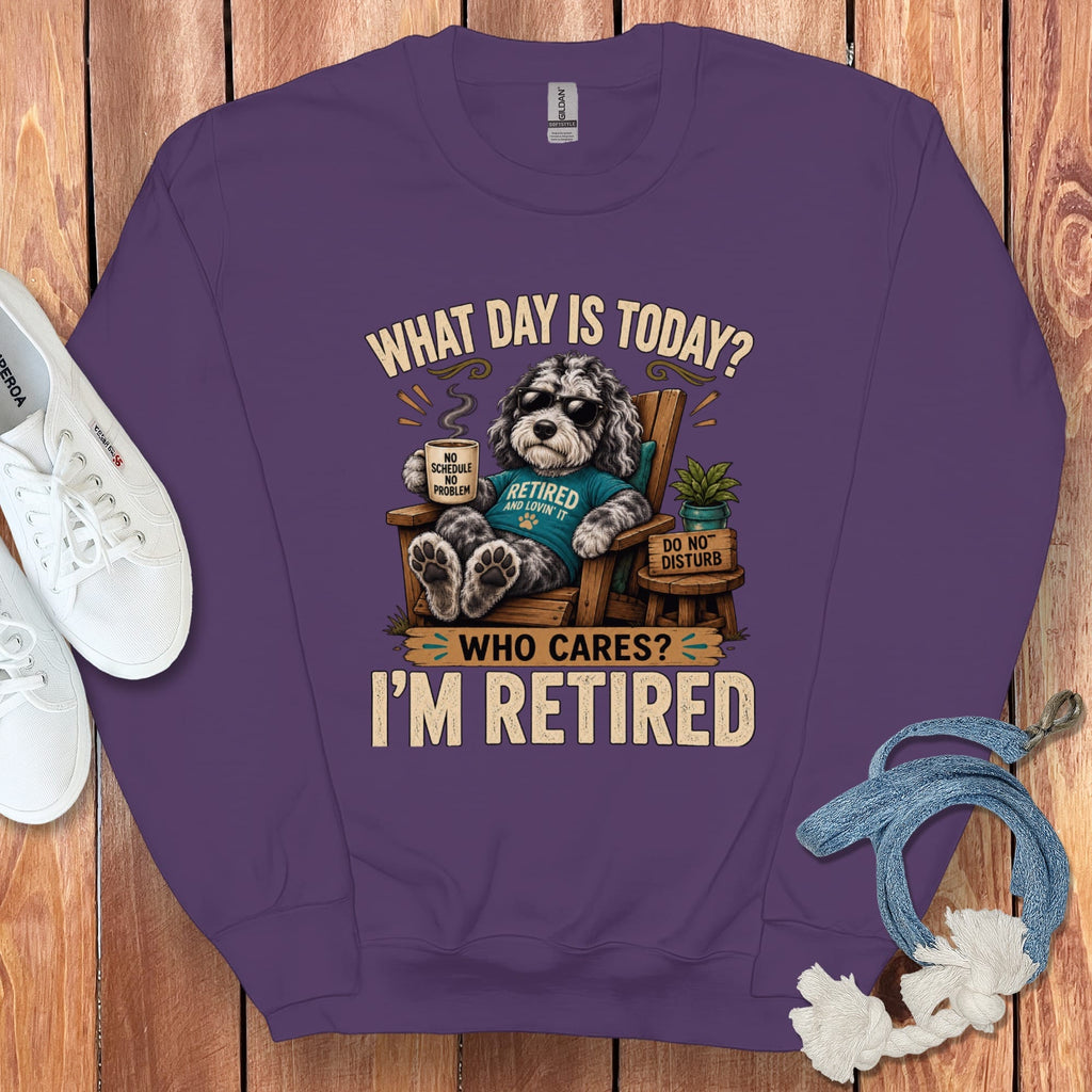 I'm Retired Merle Goldendoodle Sweatshirt in Purple / S by Puppy Jo