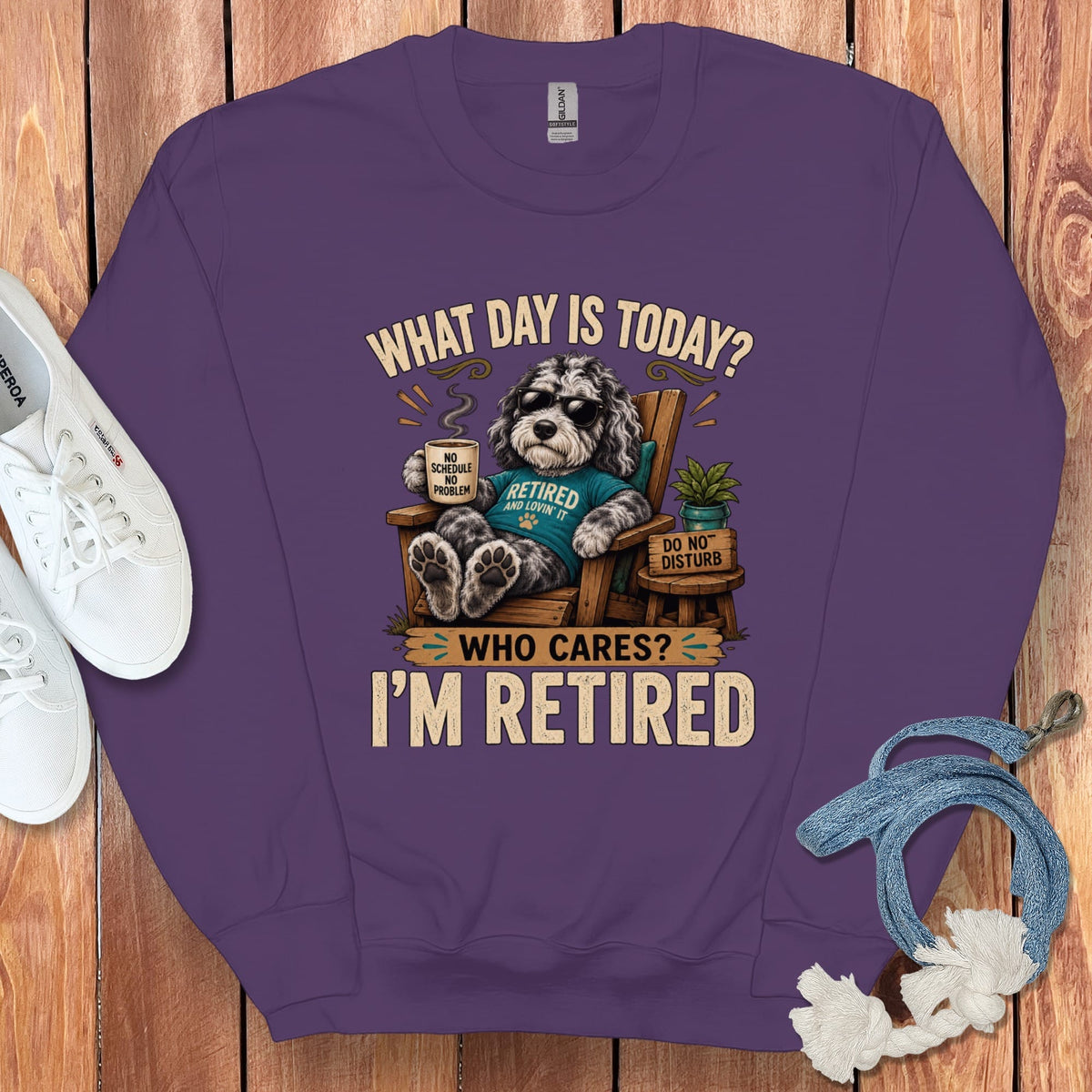 I'm Retired Merle Goldendoodle Sweatshirt in Purple / S by Puppy Jo