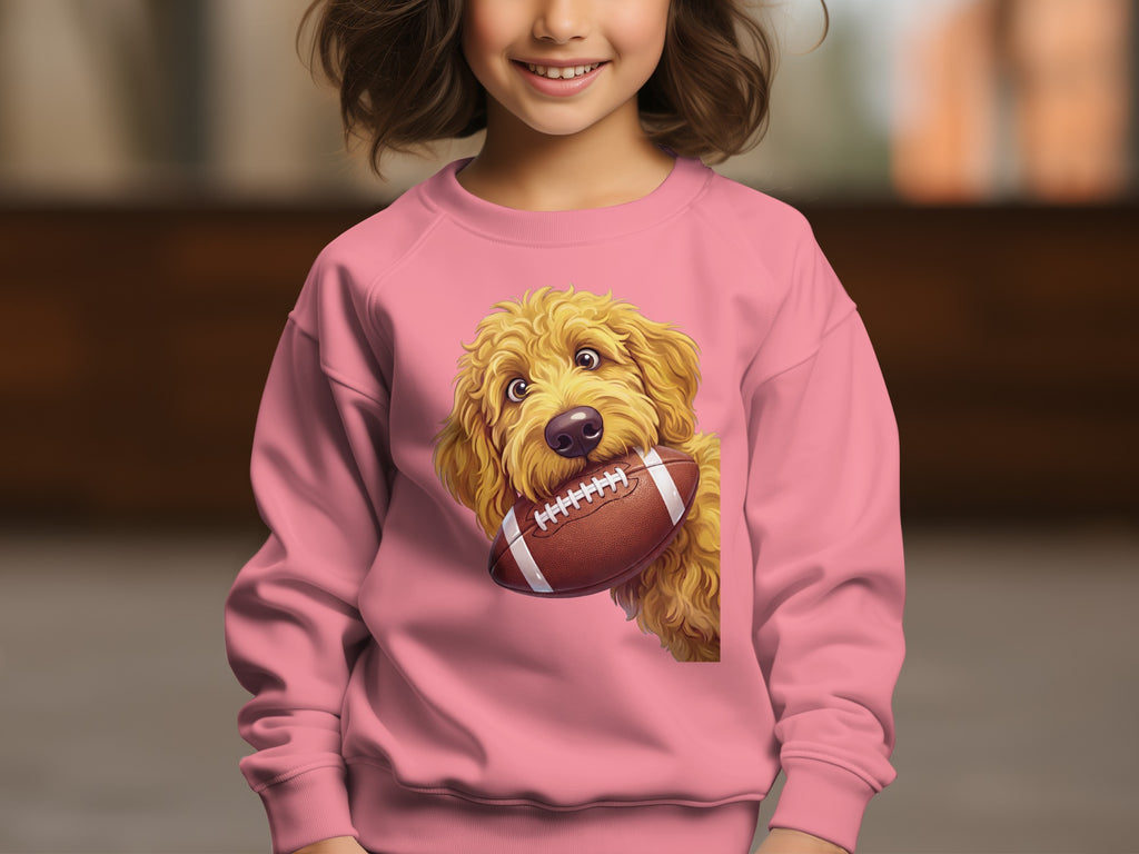 Pink sweatshirt with a drawing of a dog holding a football.