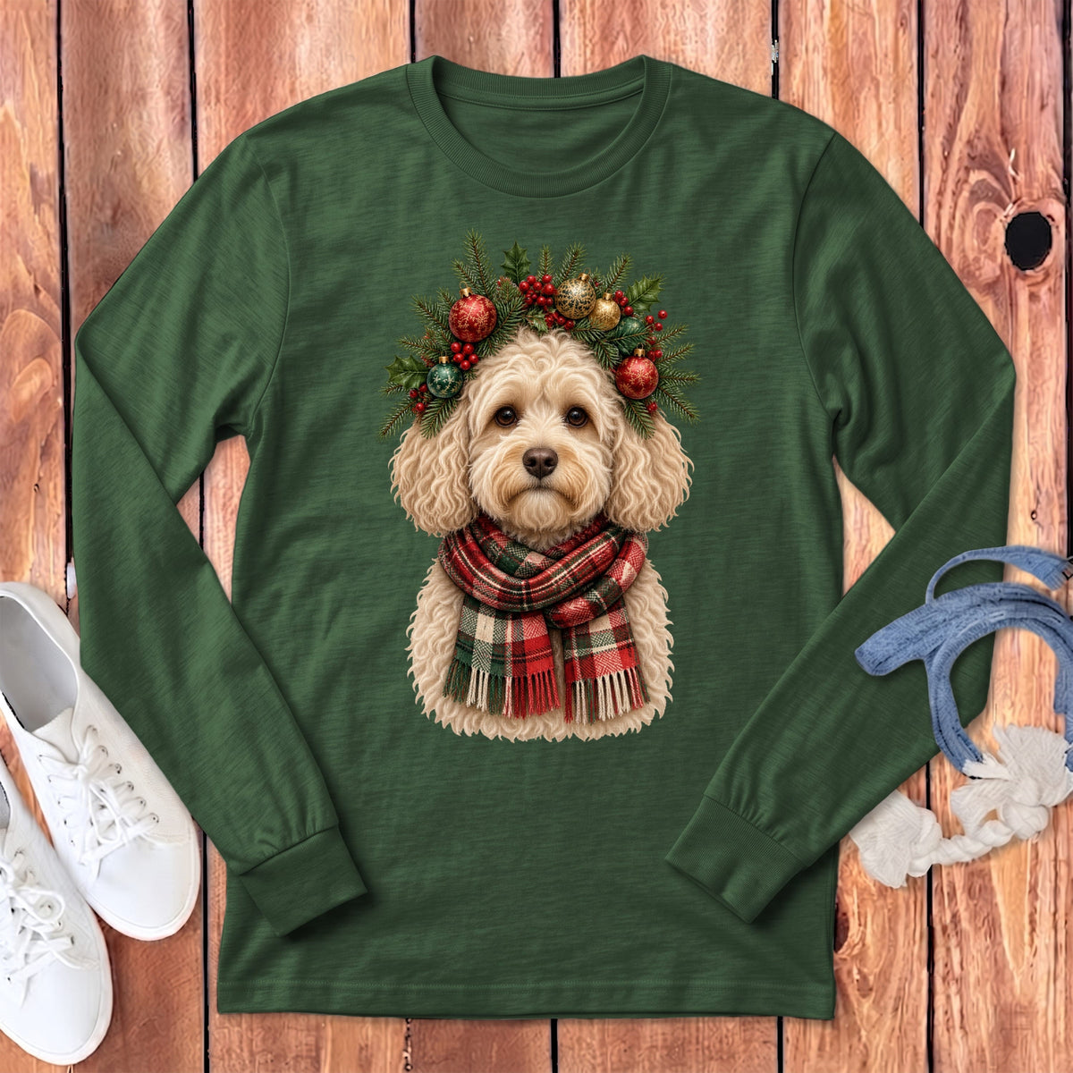Maltipoo Holiday Crown Long Sleeve T-Shirt in Heather Forest / S by MyDesigns