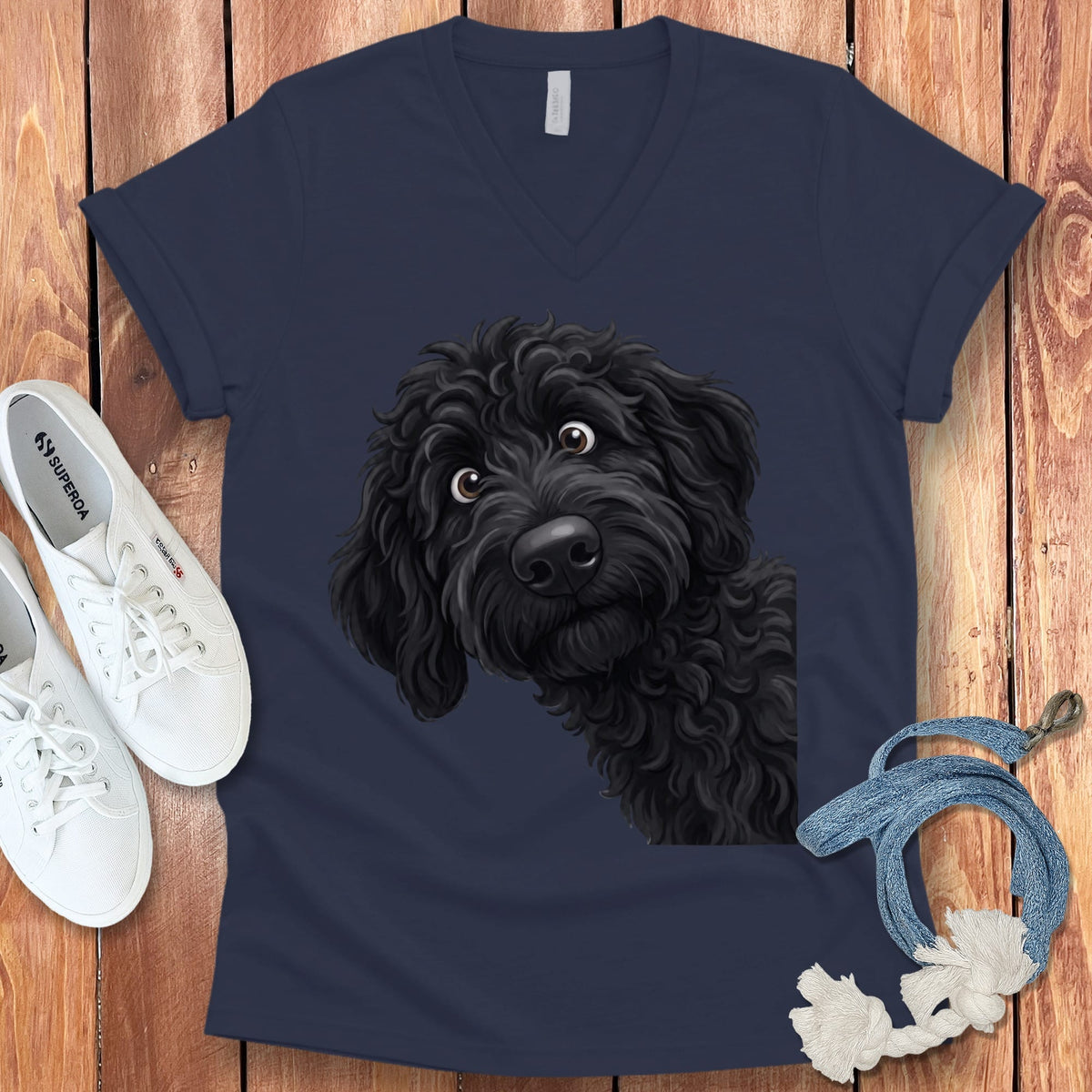 Funny Peeking Black Goldendoodle V-Neck T-Shirt in Navy / S by Puppy Jo