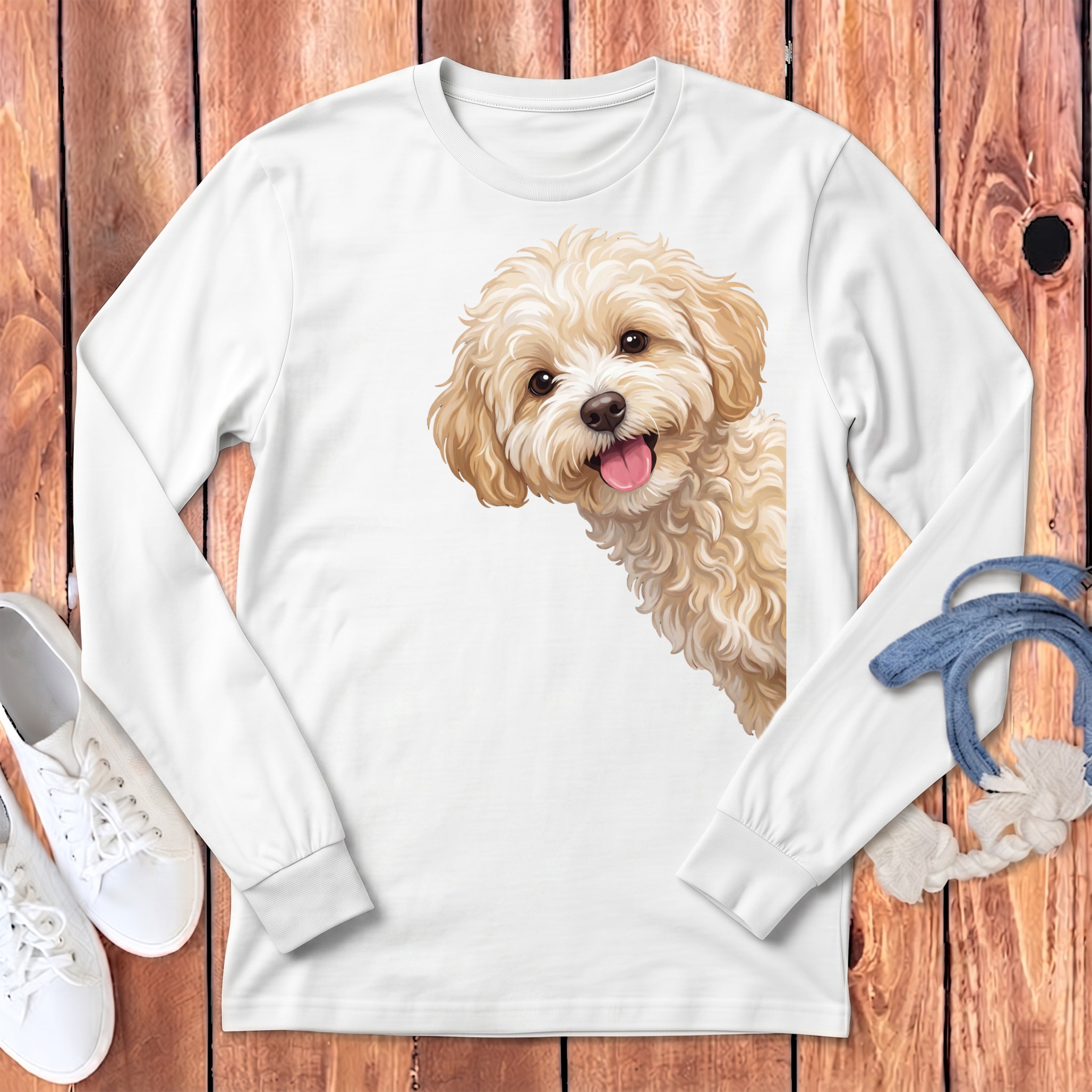 White long-sleeve shirt with a smiling cream-colored dog graphic.