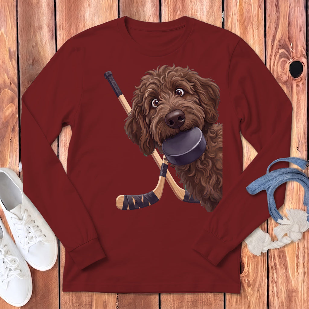 Chocolate Goldendoodle Hockey Long Sleeve T-Shirt in Cardinal / S by Puppy Jo