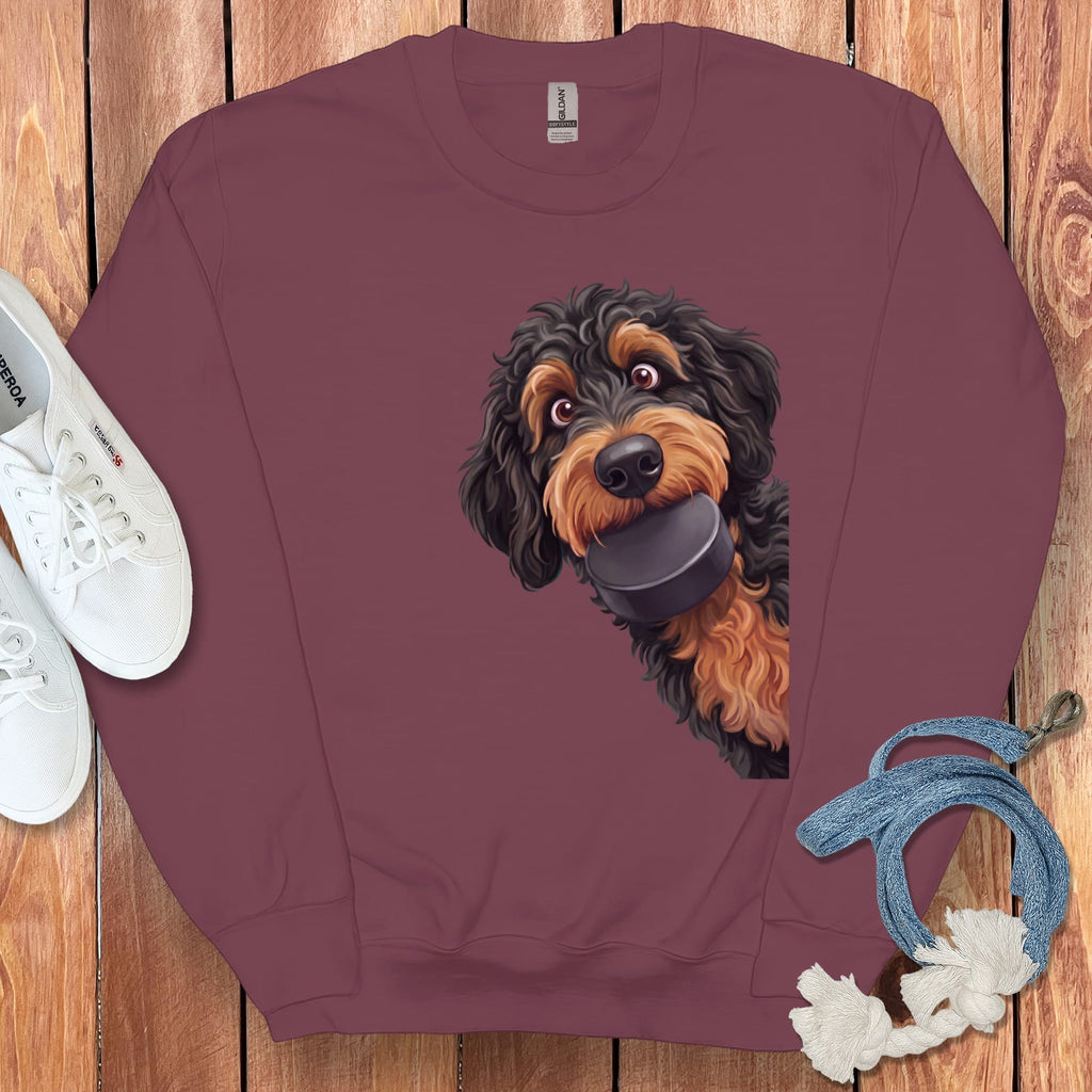 Phantom Goldendoodle Hockey Puck Sweatshirt in Maroon / S by Puppy Jo