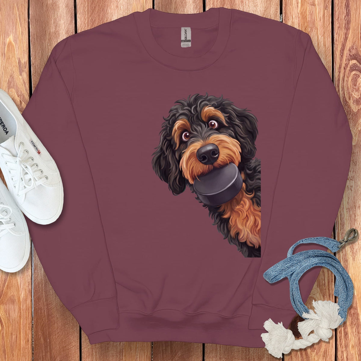 Phantom Goldendoodle Hockey Puck Sweatshirt in Maroon / S by Puppy Jo