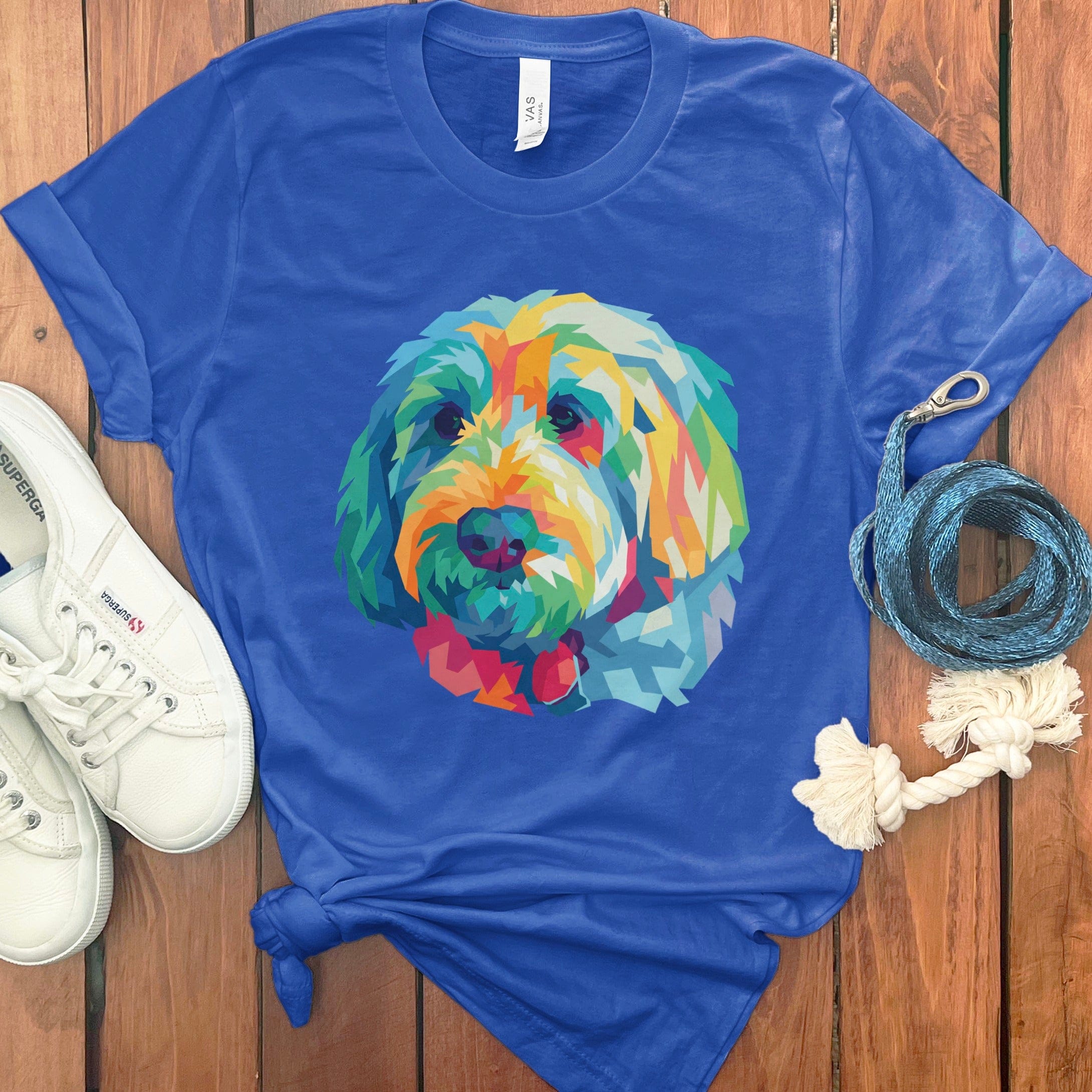 Colorful Geometric Dog Print on Blue T-Shirt