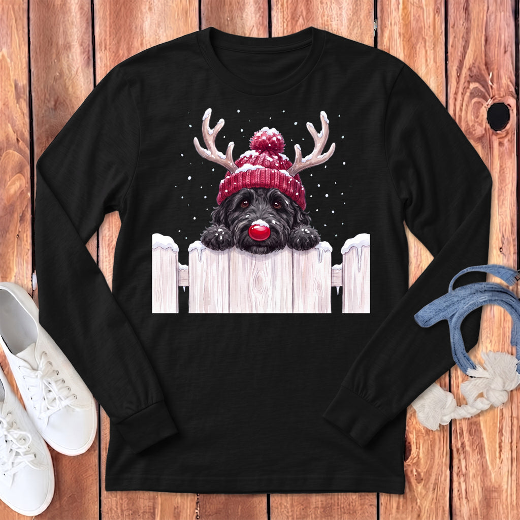 Black long-sleeve shirt with a black doodle dog wearing a red Santa hat and antlers.