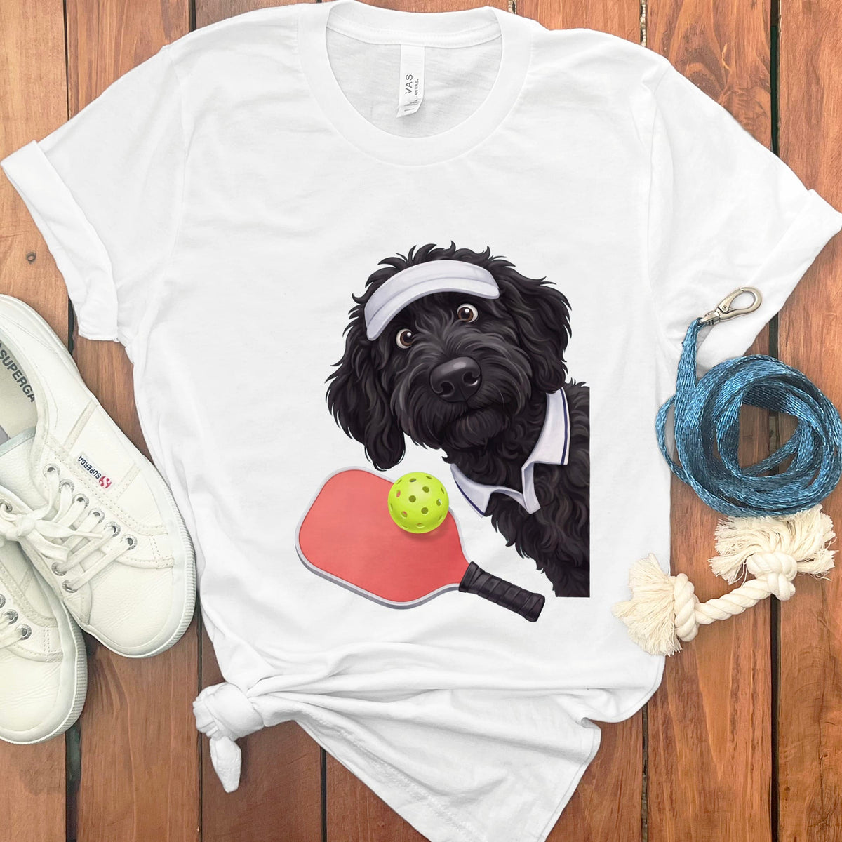 Black Goldendoodle Pickleball Player T-Shirt in White / S by Puppy Jo