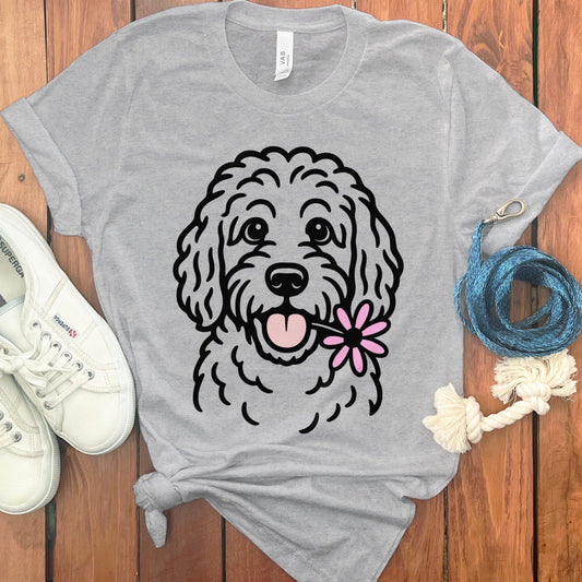 Cute Doodle Dog Graphic Tee with Flower T-shirt product type
