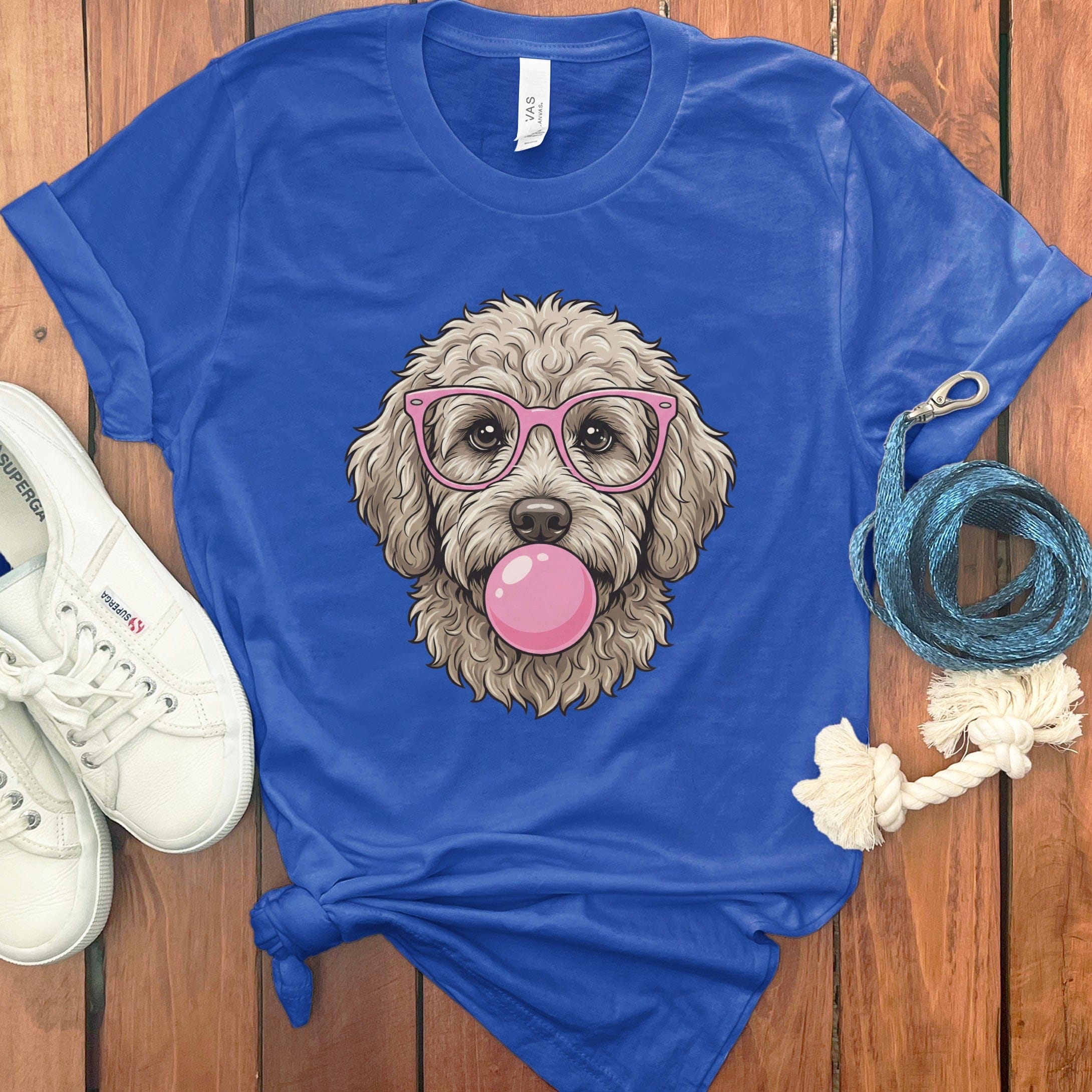 Stylish blue t-shirt with dog in glasses graphic design