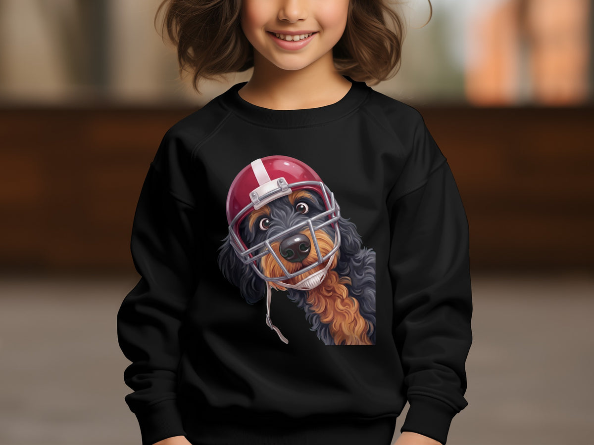 Black sweatshirt with a dog wearing a red football helmet graphic.