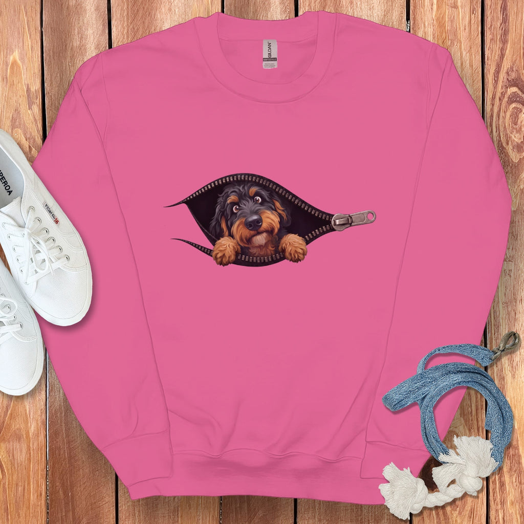 Phantom Goldendoodle Peeking Zipper Sweatshirt in Heliconia / S by Puppy Jo