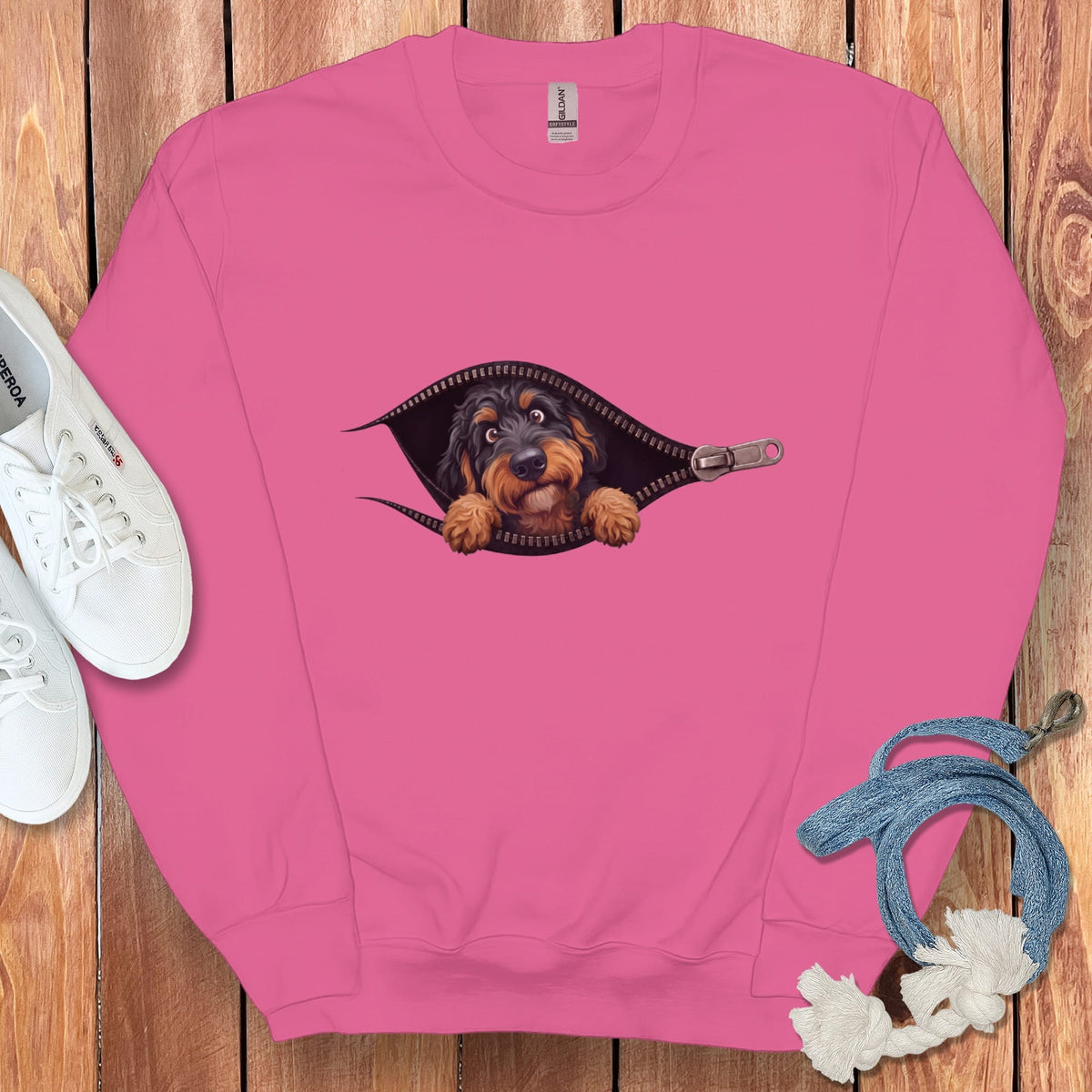 Phantom Goldendoodle Peeking Zipper Sweatshirt in Heliconia / S by Puppy Jo
