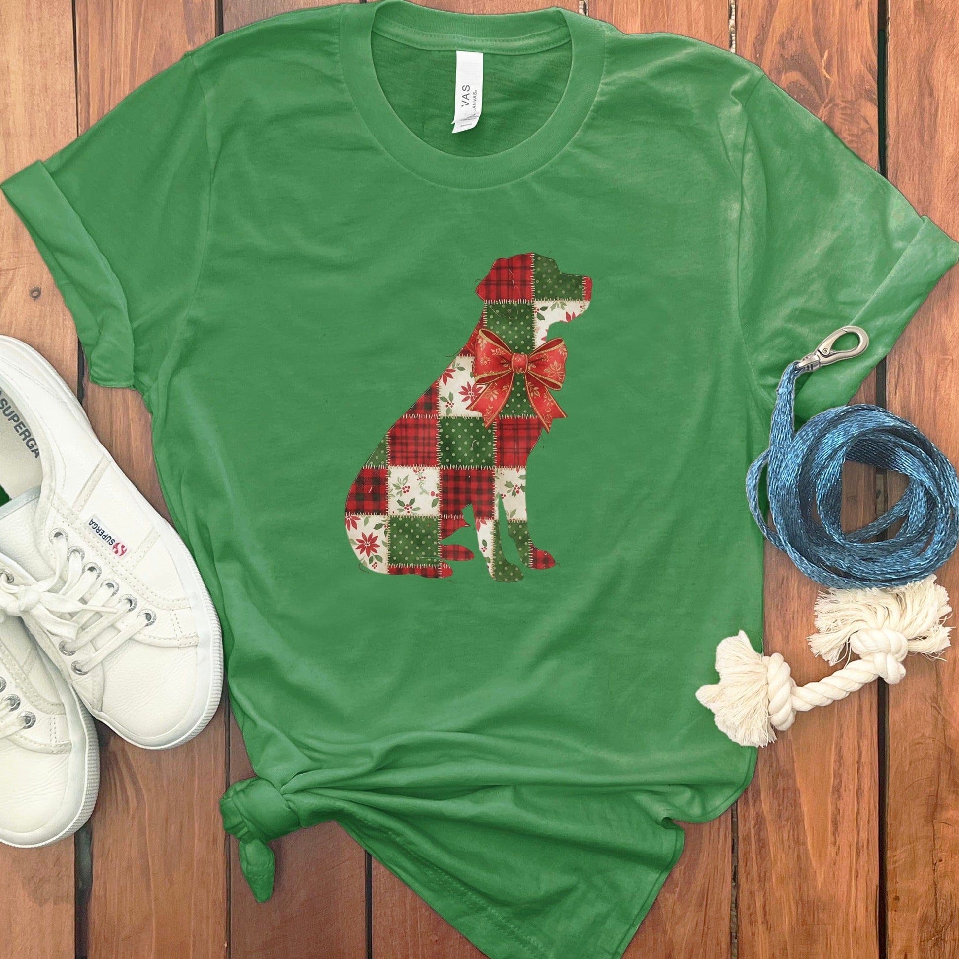 Festive Patchwork Dog Graphic on Green Shirt product type