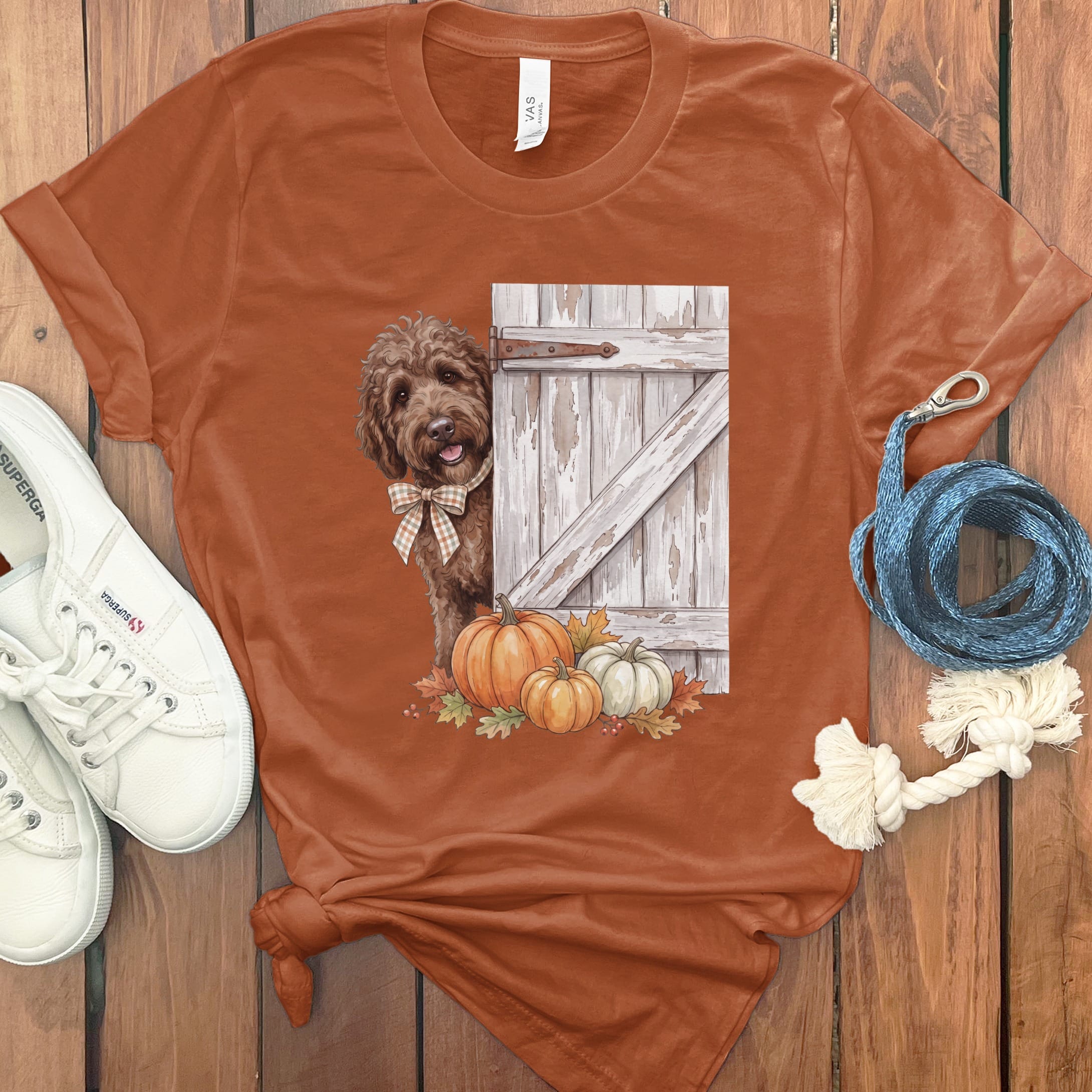 Chocolate Goldendoodle Barn Peeking T-Shirt in Autumn / S by Puppy Jo